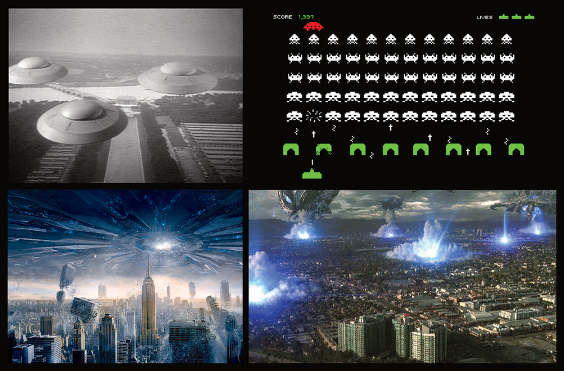 Semantic Space Invaders: From left to right: Earth vs. the flying Saucers, 1956. Space Invaders, 1978. Independence Day, 1996. Skyline, 2010.