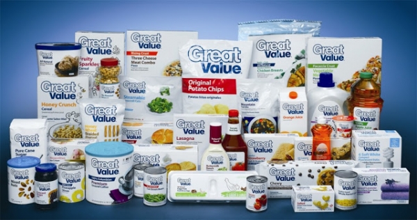Private Labels are soaring: A low-end product doesn't have to be cheap and look cheap. Wal-Mart's Great Value low-cost branded food and household products were launched in 1993. In 2009, the design was renewed with white background and blue lettering. Courtesy: Walmart, 2009.
