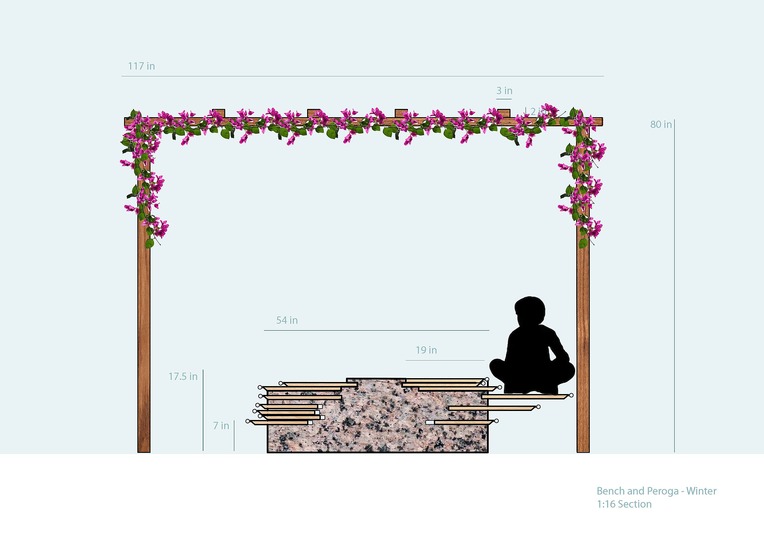 Benches design: Elevation of the bench in summer 