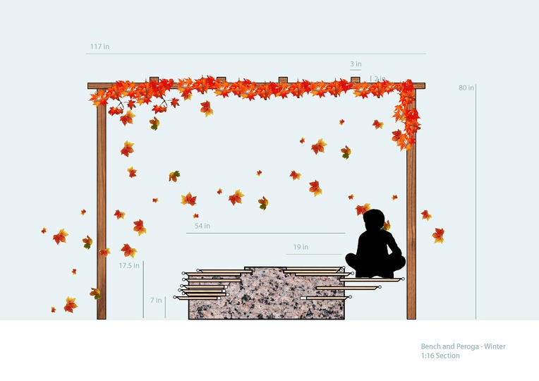 Benches design: Elevation of the bench in autumn