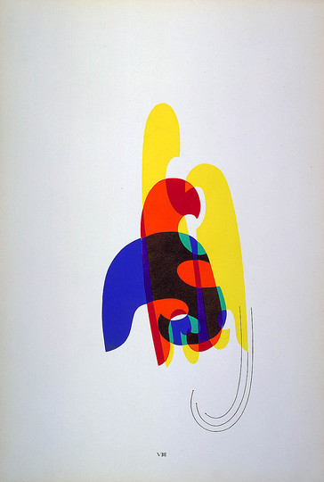 Man Ray: VIII. Shadows: If three beams of light be thrown on an object from different angles, or if the object were turned on three different angles simultaneously in relation to a single beam of light, the resulting shadows would assume various proportions although their character would remain the same. In the same way, if a form be invested with three colors at the same time and viewed from different angles, three distinct characters would result. They could be seen, however, only by imagination.
Man Ray
New York, 1916–17