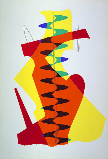 Man Ray: IV. The Meeting: Three beings meeting in one plane are contrasted, a yellow concave, a red convex, and a spiral blue. There is mutual affection of color over the areas that two or three occupy together, resulting in a modification of their color but not in their form. Still it is possible to see the areas held in common as distinct additions. As in the other scenes the lines form a not too literal boundary for the planes.
Man Ray
New York, 1916–17