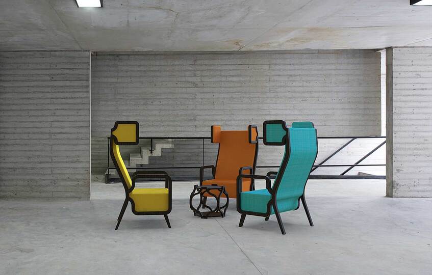 Mario Casa Lounge Chairs: Highback chairs Fumetto with a yellow, orange and blue Cotton cover and a black stained Ash frame.
