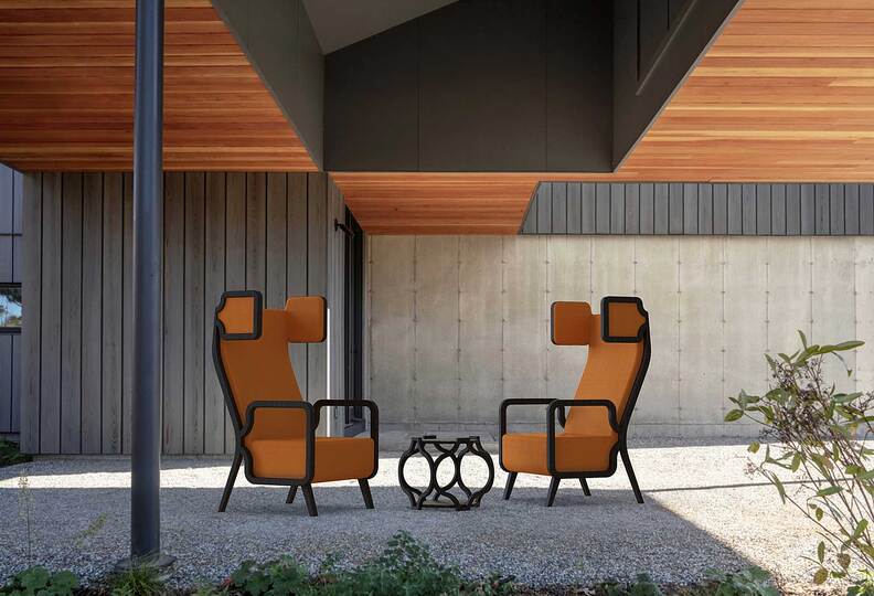 Mario Casa Lounge Chairs: Highback chair Fumetto with orange Cotton covers and black stained Ash frames.