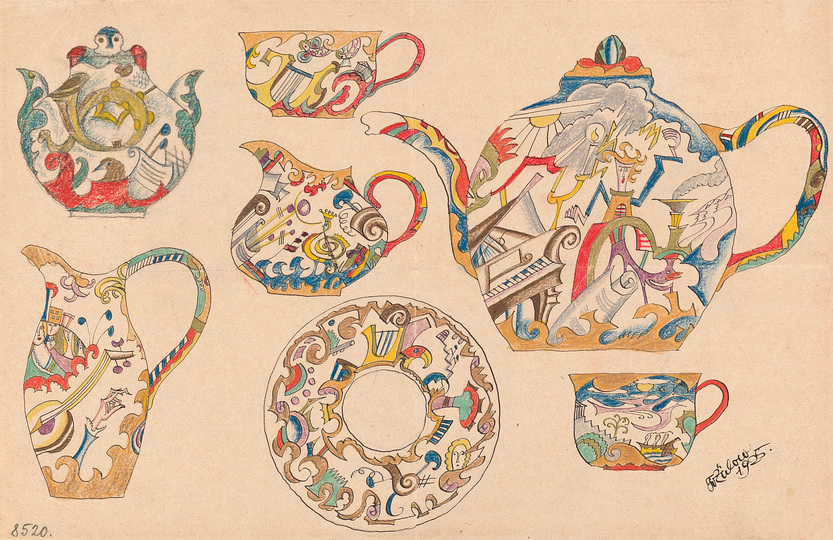 Franz von Zülow: Since Zülow remained strongly anchored in the world of craftsmanship, it was easy for him to provide designs for the Schleiss ceramics workshop in Gmunden and the Augarten Porcelain Manufactory. Design for a tea service, 1925 Pencil, india ink, colored pencil, watercolors, paper © MAK.
