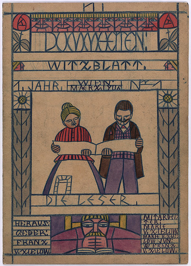 Franz von Zülow: Dummheiten [Fooleries], joke book, vol. 1, no. 1, Vienna, March 1906 , Editor: Franz von Zülow assistance: Marie von Zülow, Marie von Zülow Jr. Colored pencil, watercolors © MAK.