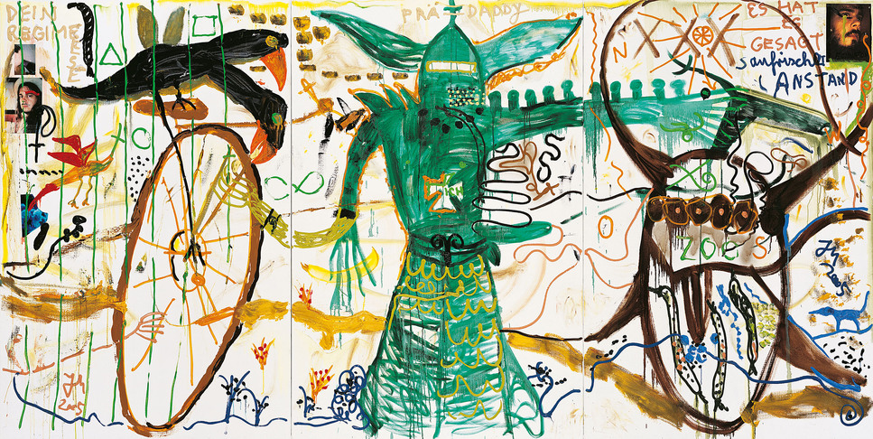 German Art since 1960: Jonathan Meese, Soldat Flugechse - Papageius Hochrad, 2005, 3-teilig, Öl auf Leinwand, 210 x 420 cm, ©
BILDRECHT Wien, 2015, Foto: J. Littkemann, courtesy CFA, Berlin