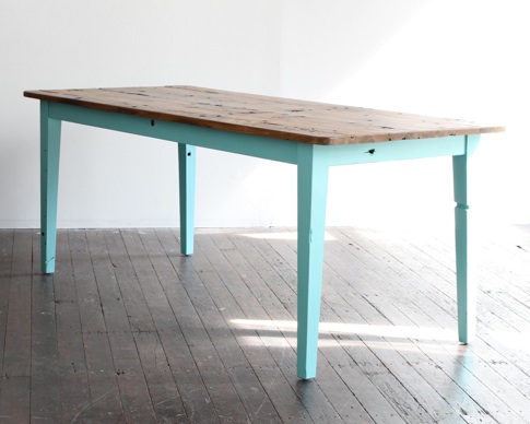 Walk The Plank Collective: the top of this kitchen table is made of reclaimed teak, and the bottom a reclaimed hardwood has been used. all materials are salvaged from shipping vessels abandoned in the Java Sea. we love the thought of this table for everyday use in the kitchen and hope that the brightly painted base will help to brighten up your day. this is a place for a casual chat with friends, late nights playing cards, and everyday usage for breakfast, lunch or dinner.