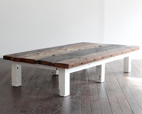 Walk The Plank Collective: the raft coffee table is made from hardwood planks reclaimed from old fishing boats. these planks generally form the exterior shell of the hull. the remaining paint work is totally original. these planks actually appear black until we scrub them back to reveal the stunning colored patina that remains. the holes throughout are a reminder of where the wood has come from and create a beautifully eclectic feel.
