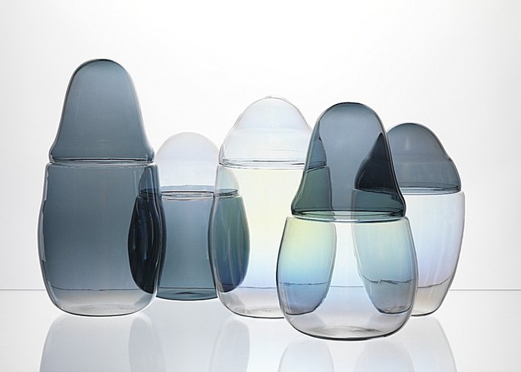 MimiKrikri: Glass jars of various shapes and rainbow colors for storing dried herbs and mushrooms.