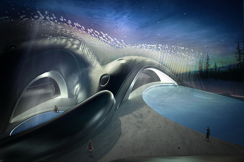 Hotel 2020: The reflective surfaces aims to capture the aurora and blend with the context. 