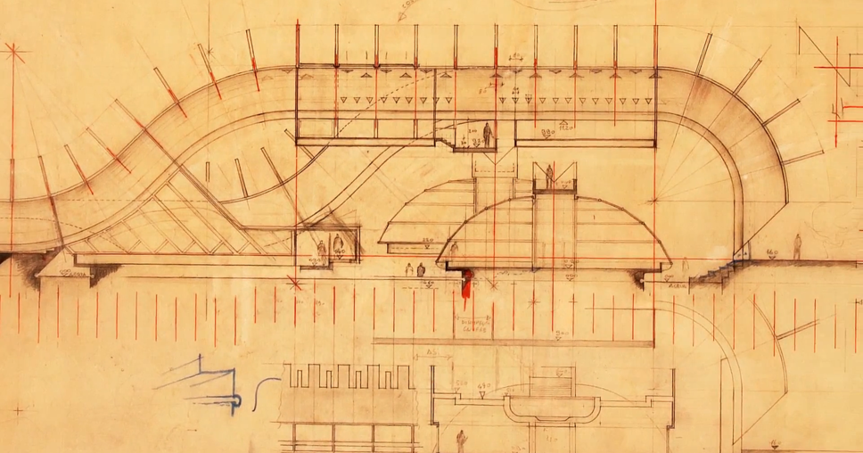 Luigi Pellegrin: Visionary of Architecture: In 1970, Pellegrin writes “it’s a great feeling and pleasure to imagine the transition of a line from its static shape to a containing cavity vector, that freed from its adherence to the ground can penetrate mountains and reemerge to the light and continue to roll creating a hub, a community place”. 