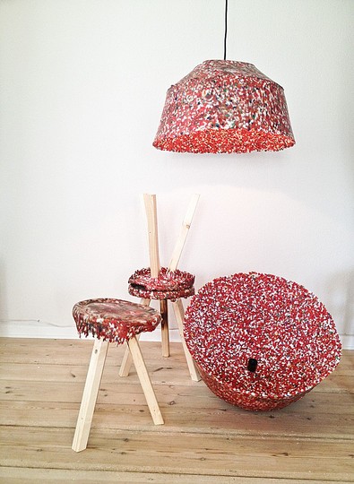 Emerging trends: Nikolaj Steenfatt, a Copenhagen based Furniture and Product Designer, experiments with alternative production processes: His series of stool and lampshade are made from recycled plastic granulate, melded together in a DIY fashion. Find the project at #9395

