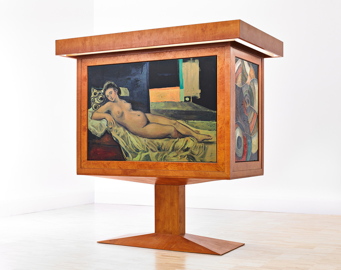 German Painting after the 1960s: Anton Henning, Quadrinom No.I, 2005 Copyright: Anton Henning, Quadrinom No.I, 2005, Vierseitige, drehbare Skulptur mit einem Gemälde auf jeder Seite, Öl auf Leinwand, Holz, Metall und Leuchtmittel