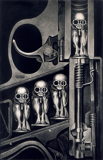 HR Giger´s World in Deep Space: Birthing machine, 1967 © HR Giger, 2013.  In his “Gebärmaschine” (1967), a womb is depicted as the chamber of a pistol, the babies awaiting their birth are arrayed like cartridges.

HR Giger garnered a place among the artistic avant-garde of the 1960s. His works are attributed to surrealism, whereby the influence of fantastic surrealism can be traced back to his friendships with protagonists of the so-called Viennese School. A central, recurring theme in his work is best described by a portmanteau he coined himself—biomechanoid—to refer to his disturbing, even morbid amalgamations of electronics, mechanics and life forms. In addition to his images, HR Giger creates graphics, sculptures and furniture.

