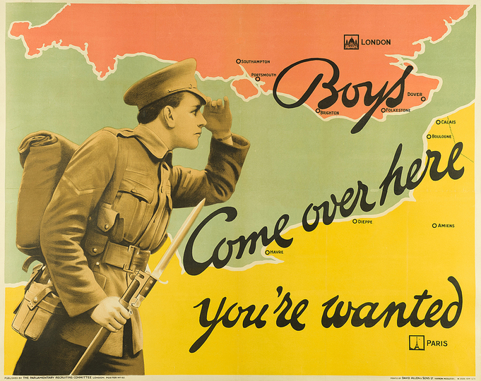 War and Propaganda 14/18: Unkown artist, Boys Come over here you're wanted, 1915, color lithography, 101,5 x 127,5 cm, print: David Allen & Sons, London, Museum für Kunst und Gewerbe Hamburg