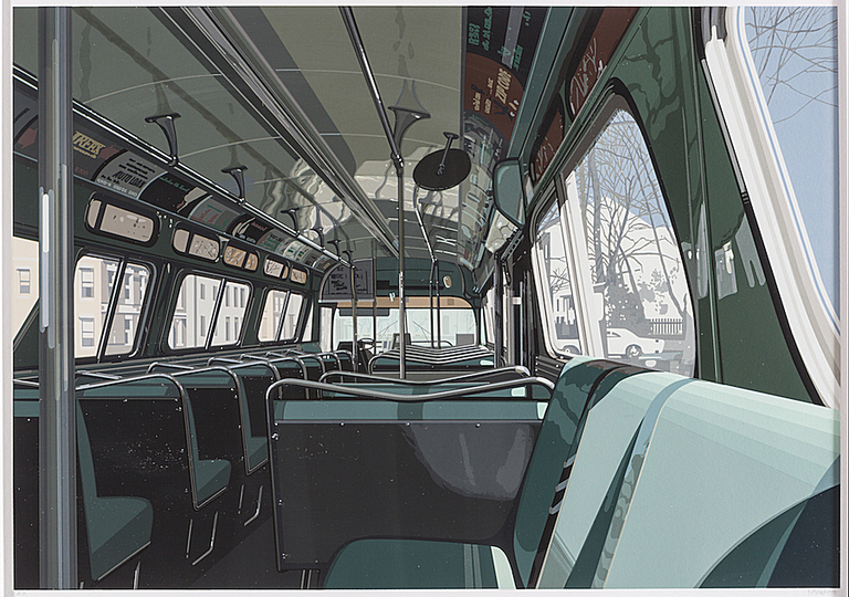 Richard Estes´ New York: Bus Interior, 1981, Richard Estes, Ink on paper, Image: 14 x 20 in. (35.6 x 50.8 cm) Sheet: 19 1/2 x 27 1/2 in. (49.5 x 69.9 cm) Courtesy of a private collection. Photo by Dennis and Diana Griggs