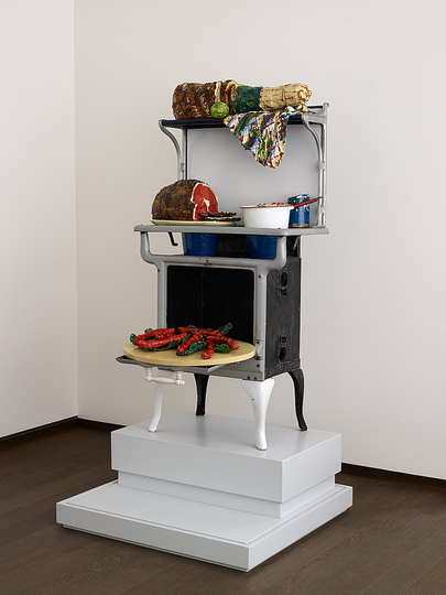 Pop Art 1960s: Claes Oldenburg, Stove (Assorted Food on Stove), 1962, 146 x 72 x 70 cm, Stove and cooking utencils in plaster with mussel in and jute fiber, lacquered colours. 
Kunstmuseum Basel , Deposits of Peter und Irene Ludwig Stiftung, Aachen © Claes Oldenburg. Photo © Kunstmusem Basel, Martin P. Bühler
