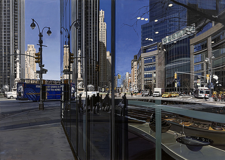 Richard Estes´ New York: Columbus Circle Looking North, 2009, Richard Estes, Oil on canvas, 40 x 56 1/4 in. (101.6 x 142.9 cm) Linden and Michelle Nelson Tenants by the Entirety © Richard Estes, courtesy Marlborough Gallery, New York