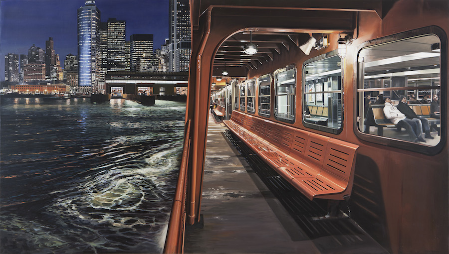 Richard Estes´ New York: Staten Island Ferry Arriving in Manhattan, 2012, Richard Estes, Oil on canvas, 37 x 65 5/8 in. (93.98 x 166.7 cm) Courtesy of a private collection © Richard Estes, courtesy Marlborough Gallery, New York