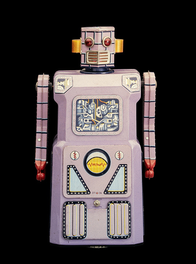 Black Box. A Cabinet of Robotic Curiosities: Non Stop Lavender Robot, Masudaya, Japan, 1960, 38 cm, collection Rolf Fehlbaum, Photo: Moritz Herzog