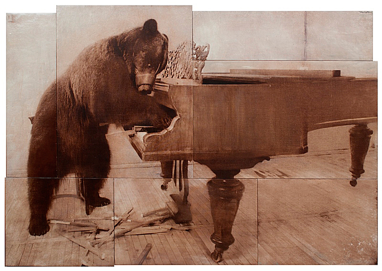 Contemporary Istanbul 2013: Grigory Maiofis, POund behind the Piano, 2013, acrylic, bromoil transfer on canvas, 160 x 227 cm. Marina Gisich Gallery, Saint-Petersburg.