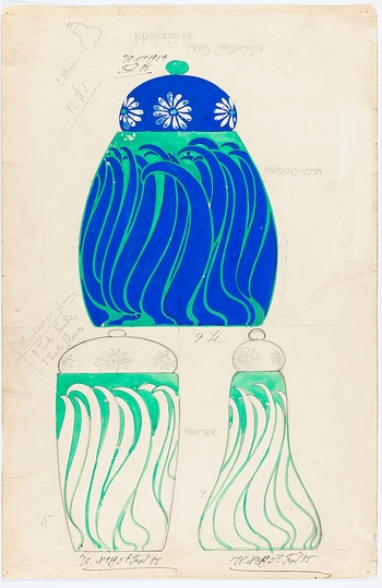 Hans Christiansen´s Jugendstil: Sketch for 3 liddd vases with margarite decoration and blue leaves on green background, 1901, Institute Mathildenhöhe, Städtische Kunstsammlung Darmstadt, long-term loan from  Sparkassen-Kulturstiftung Hessen-Thüringen, Frankfurt am Main, Photo: Gregor Schuster.