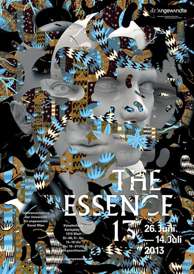 Posters from Germany, Austria, Switzerland: Studio: Francesco Ciccolella, Gerhard Jordan , The Essence 13 Project assignment at the University of Applied Arts Vienna, Graphic Design class, supervision: Prof. Oliver Kartak, Katharina Uschan; Client: University of Applied Arts Vienna; Technique: offset printing; Printing House: Paul Gerin GmbH & Co KG, Wolkersdorf; Austria; © Francesco Ciccolella, Gerhard Jordan/100 Beste Plakate e. V. Economy and ecology thus go hand in hand in this project from Oliver Kartak’s graphic design class at the University of Applied Arts Vienna. Another two Kartak students, Francesco Ciccolella and Gerhard Jordan, prevailed with their poster for The Essence 13, the annual exhibition of the University of Applied Arts Vienna. Their design, featuring the interplay of photography, refined lettering design, and a photographic collage of graphical surfaces that over- and underlap one another, visually exemplifies the “essence