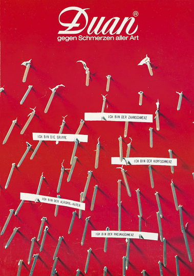 Karl Neubacher: Media Artist, 1926-1978: Karl Neubacher, Duan®—gegen Schmerzen aller Art (an advert for a pain reliever), until 1967, 62.9 × 43.8 cm. Courtesy private collection.