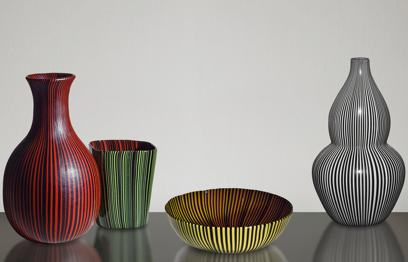 Carlo Scarpa for Venini: Rigati e tessuti glass vases and bowl ca. 1938–1940. Private collection; Private collection; Chiara and Francesco Carraro Collection, Venice; European Collection *Part of the Rigati e tessuti series, ca. 1938-48