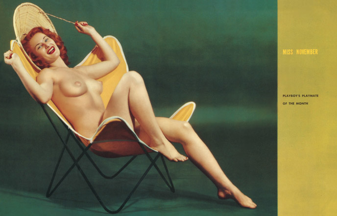 Playboy Architecture: Miss November on B.K.F, Hardoy Butterfly Chair by Jorge Ferrari-Hardoy, Grupo Austral, November 1954 Playboy Issue © Playboy Enterprises International, Inc.