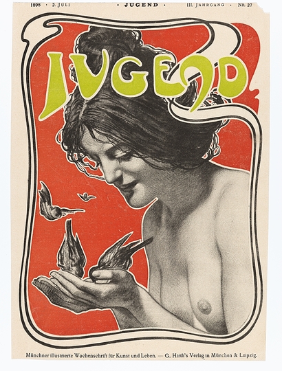 Hans Christiansen´s Jugendstil: Young Woman with birds, Magazine cover „Jugend“, 1898, Institute Mathildenhöhe, Städtische Kunstsammlung Darmstadt.