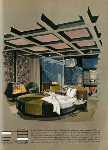 Playboy Architecture: Master Bedroom in the Playboy Townhouse, Architect: R. Donald Jaye, Drawing: Humen Tan, May 1962 Playboy Issue © Playboy Enterprises International, Inc.