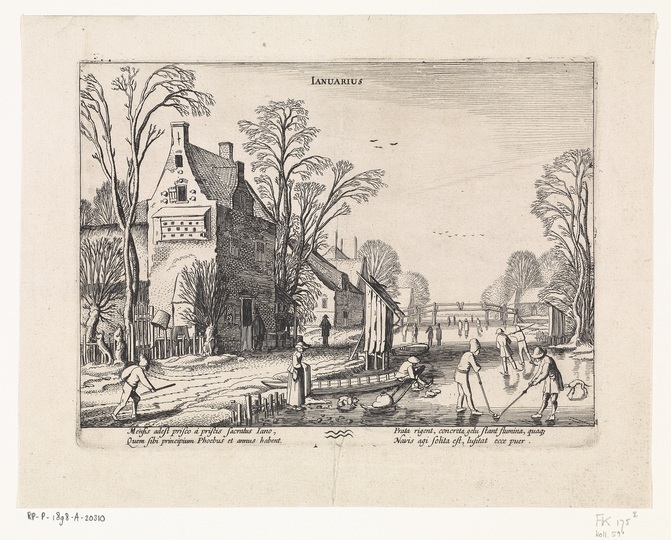 The Joys of Ice Skating: Winterlandschap met kolfspelers op het ijs: januari, Jan van de Velde (II), 1608 - 1618