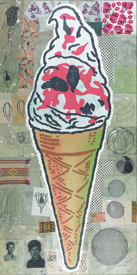 Summertime: WHAT IS A SUMMER WITHOUT ICE CREAM Farmstead Lane by Donald Baechler, 1996-1999, acrylic and fabric collage on canvas, 366 x 183 cm, Photo: Stefan Fiedler - Salon Iris, Wien, © VBK Wien, 2013.