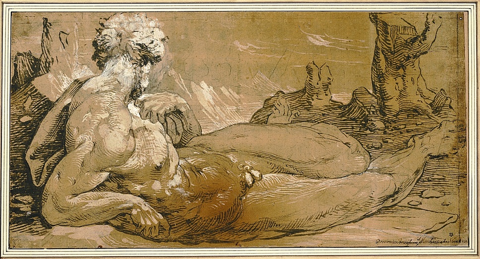 High Renaissance: Domenico Beccafumi (c. 1486-1551), Reclining Male Nude in a Landscape, c. 1540-1544,
Black chalk, brush and brown tempera, heightening with white, 22,1 x 43,1 cm