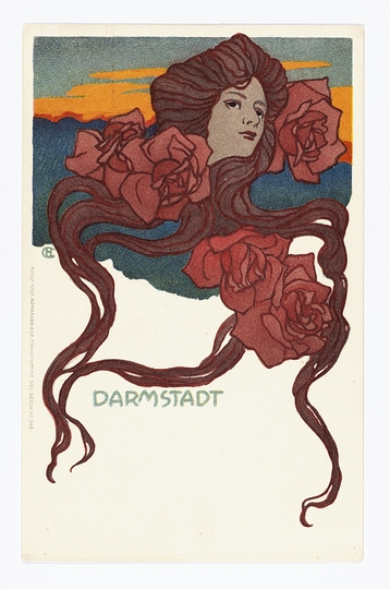 Hans Christiansen´s Jugendstil: Woman's head with meandering hair and roses,  about 1901, Poscard, Institute Mathildenhöhe, Städtische Kunstsammlung Darmstadt, Photo: Gregor Schuster.