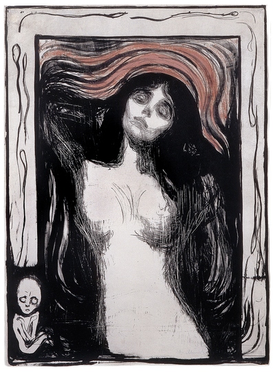 Hair!: ... and the deep black of the femme fatale. 
Edvard Munch, Madonna - Liebendes Weib, 1902 © The Munch Museum / The Munch Ellingsen Group / VG Bild-Kunst, Bonn 2013, Photo: Anne Gold, Aachen.