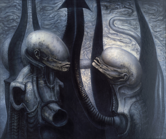 HR Giger´s World in Deep Space: Mutants, 1975 © HR Giger, 2013. HR Giger’s biomechanics anticipate cyborgs, human-machine hybrids that have gone on to widespread popularity. In 
HR Giger’s takes, these creatures exhibit predominantly female traits. Despite dystopian scenarios, it’s not fear they display but rather the apathy of a collective haze—similar to the structures of the Borg civilization in the “Star Trek” cosmos.