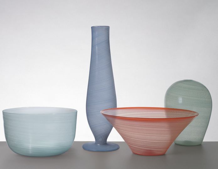 Carlo Scarpa for Venini: [left to right] Green mezza filigrana glass bowl of ovoid section, 1934. Private collection *Part of the Mezza filigrana series, ca. 1934-36