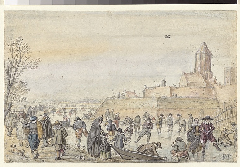 The Joys of Ice Skating: IJsvermaak op de stadsgracht bij de Kalverhekkenpoort te Kampen, Hendrick Avercamp, 1595 - 1616
