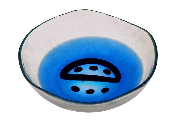Carlo Scarpa for Venini: Clear mole-gray (talpa) glass bowl with central abstract macchie decoration in blue and black glass, iridized, ca. 1942. Chiara and Francesco Carraro Collection, Venice *Part of the Macchie series, ca. 1942