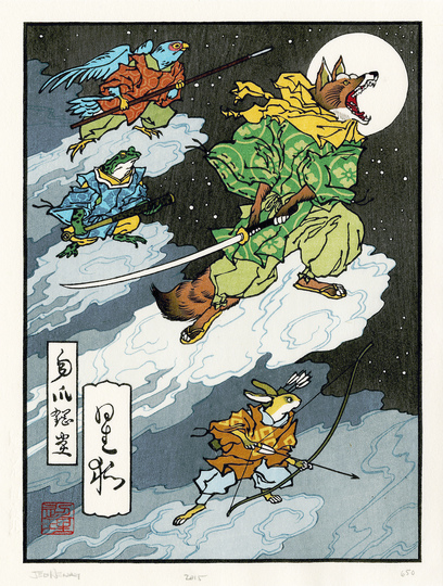 HOKUSAI X MANGA: Jed Henry (*1983) (Design), Fox Moon, 2012, woodcut, woodcut and print by David Bull, © Jed Henry
