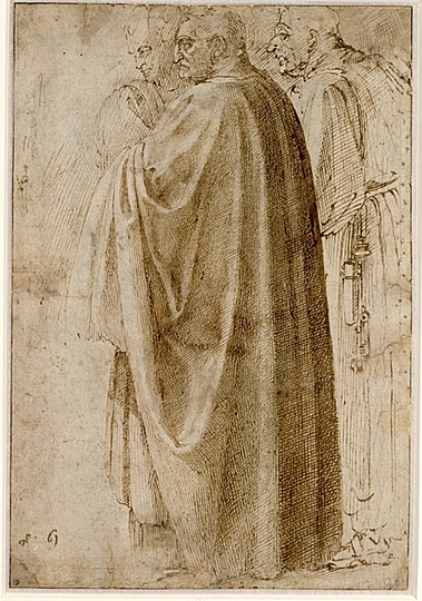 High Renaissance: Michelangelo Buonarroti (1475-1564), Three Standing Men Robed, Facing Left (recto), 1492-1496,
Pen and brown ink, 29,2 x 20 cm