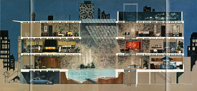 Playboy Architecture: The Playboy Townhouse, Architect: R. Donald Jaye, Drawing: Humen Tan, May 1962 Playboy Issue, p. 84–87 © Playboy Enterprises International, Inc.