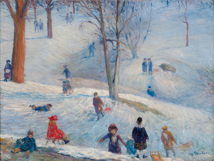 William Glackens: William James Glackens (American, 1870–1938). Sledding in Central Park, 1912. Oil on canvas, 23 x 31 1/2 inches (58.4 x 31.5 cm). Museum of Art, Fort Lauderdale, Nova Southeastern University; Bequest of Ira Glackens, 91.40.150