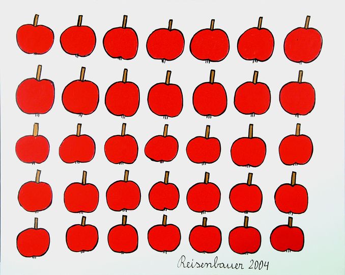 The Artists of Gugging: Apples by Heinrich Reisenback, Edding and acrylic on canvas, 2004.