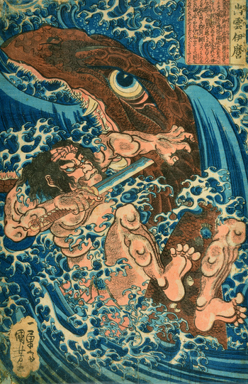 HOKUSAI X MANGA: Utagawa Kuniyoshi (1797-1861), The Hero Izumo no Imaro, 1827-30, coloured woodcut, 36 x 25 cm, Museum für Kunst und Gewerbe Hamburg, © MKG
