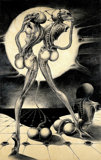 HR Giger´s World in Deep Space: Nuclear kids, 1967/68 © HR Giger, 2013. In the early 1960s HR Giger configured an aesthetic of horror with humankind’s collective fears of global atomic warfare and of being victimized by technological progress. In series such as “Atomkinder” (1967-68) and “Schachtbilder” (Shafts, 1966).