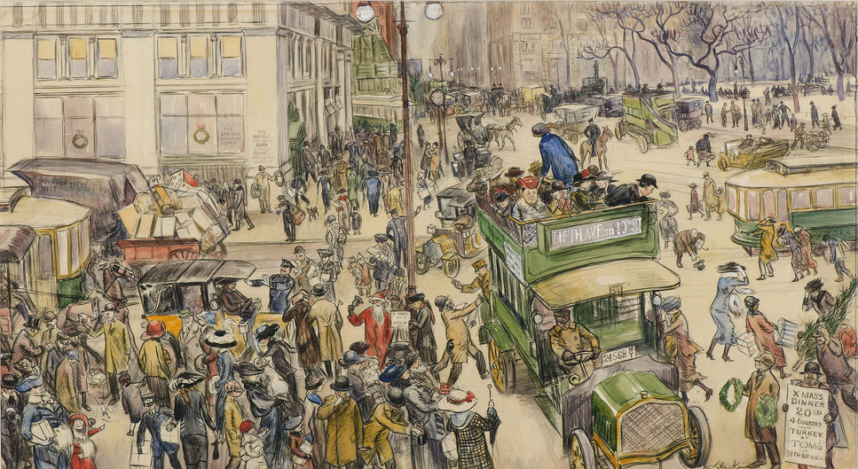 William Glackens: William James Glackens (American, 1870–1938). Christmas Shoppers, Madison Square, 1912. Crayon and watercolor on paper, 17 1/2 x 31 inches (44.5 x 78.7 cm). Museum of Art, Fort Lauderdale, Nova Southeastern University; Bequest of Ira Glackens, 91.40.106